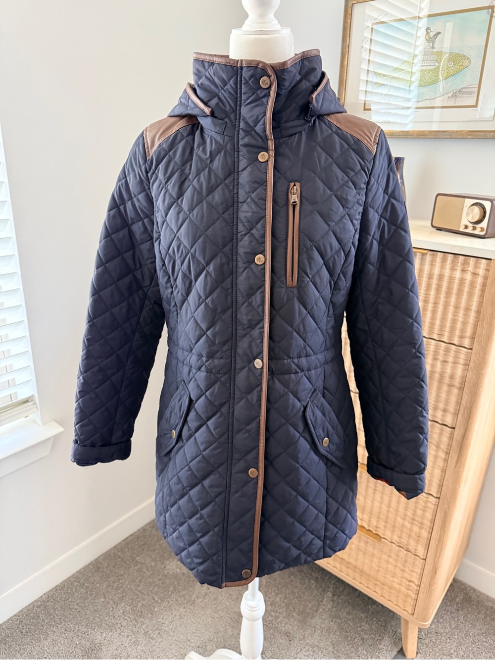 Lauren Ralph Lauren Navy Quilted Hooded Coat with Brown Trim - Picture 2 of 9